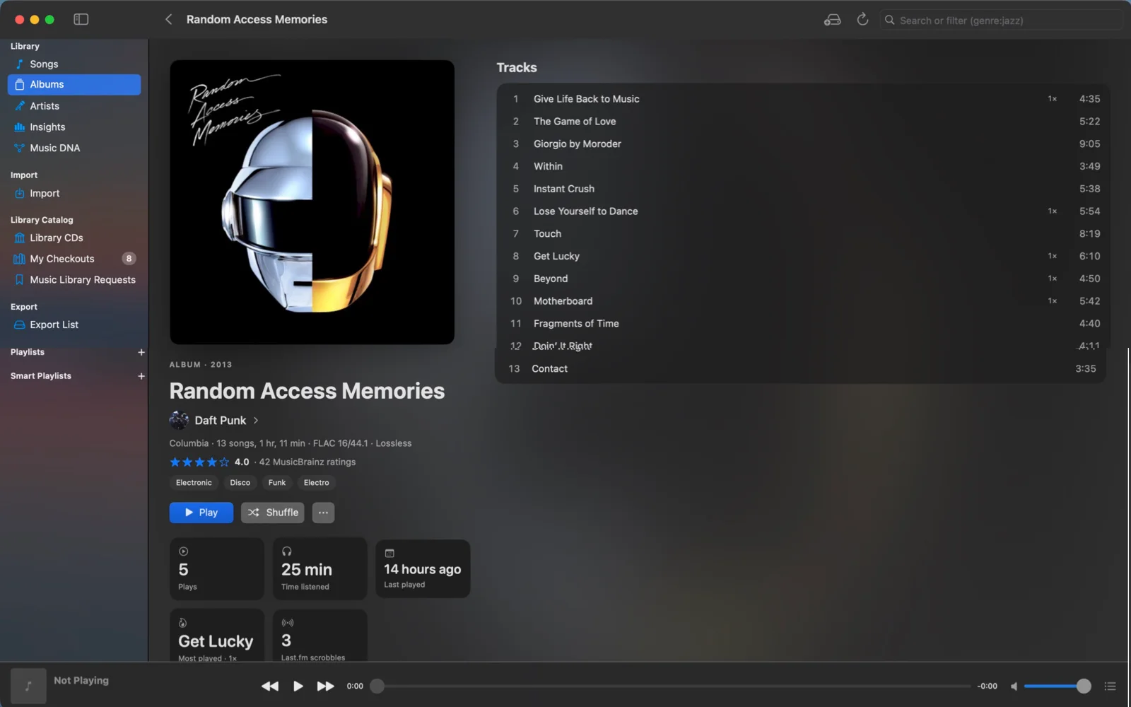 An album page: the cover, rating, genres, listening stats and the full track list