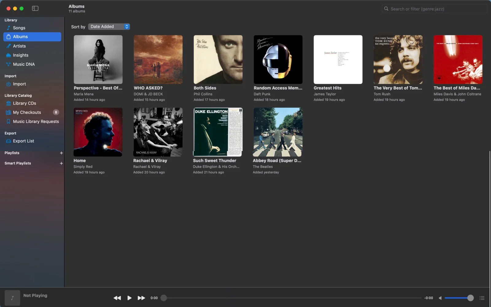 The albums grid with cover art, sorted by date added