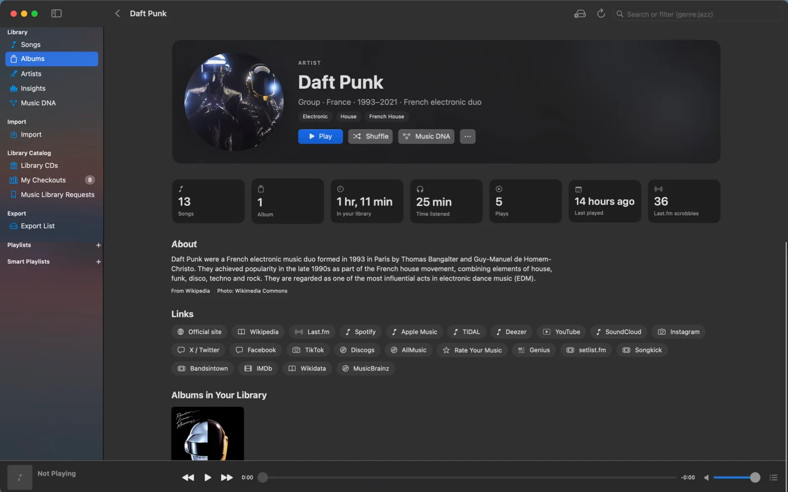An artist page with photo, stats, bio and links