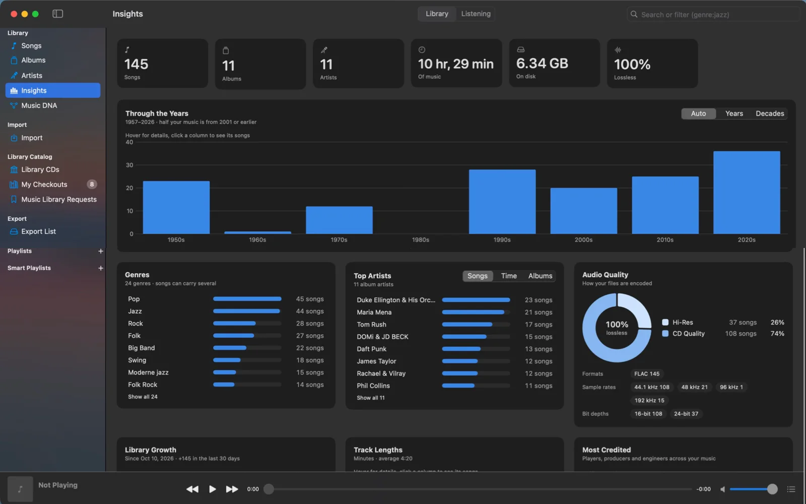 Insights, Library pane: totals, a timeline by decade, genres, top artists and audio quality