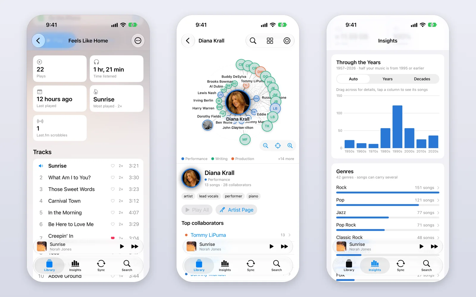 The iPhone app: an album's listening stats and track list, Music DNA centered on Diana Krall, and Insights