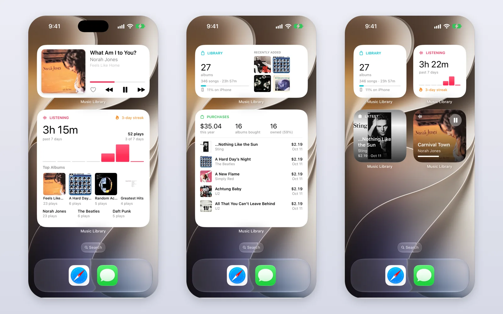 iPhone widgets: Now Playing with controls, Listening with top albums, Library and Recent Purchases