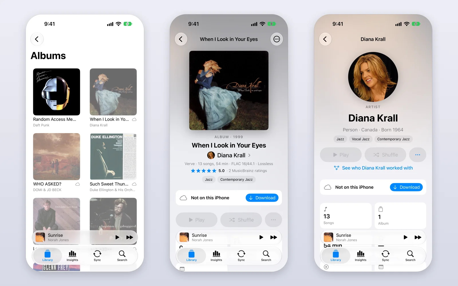 The iPhone app: albums with the ones not on the phone dimmed, an album with its Download button, and an artist page