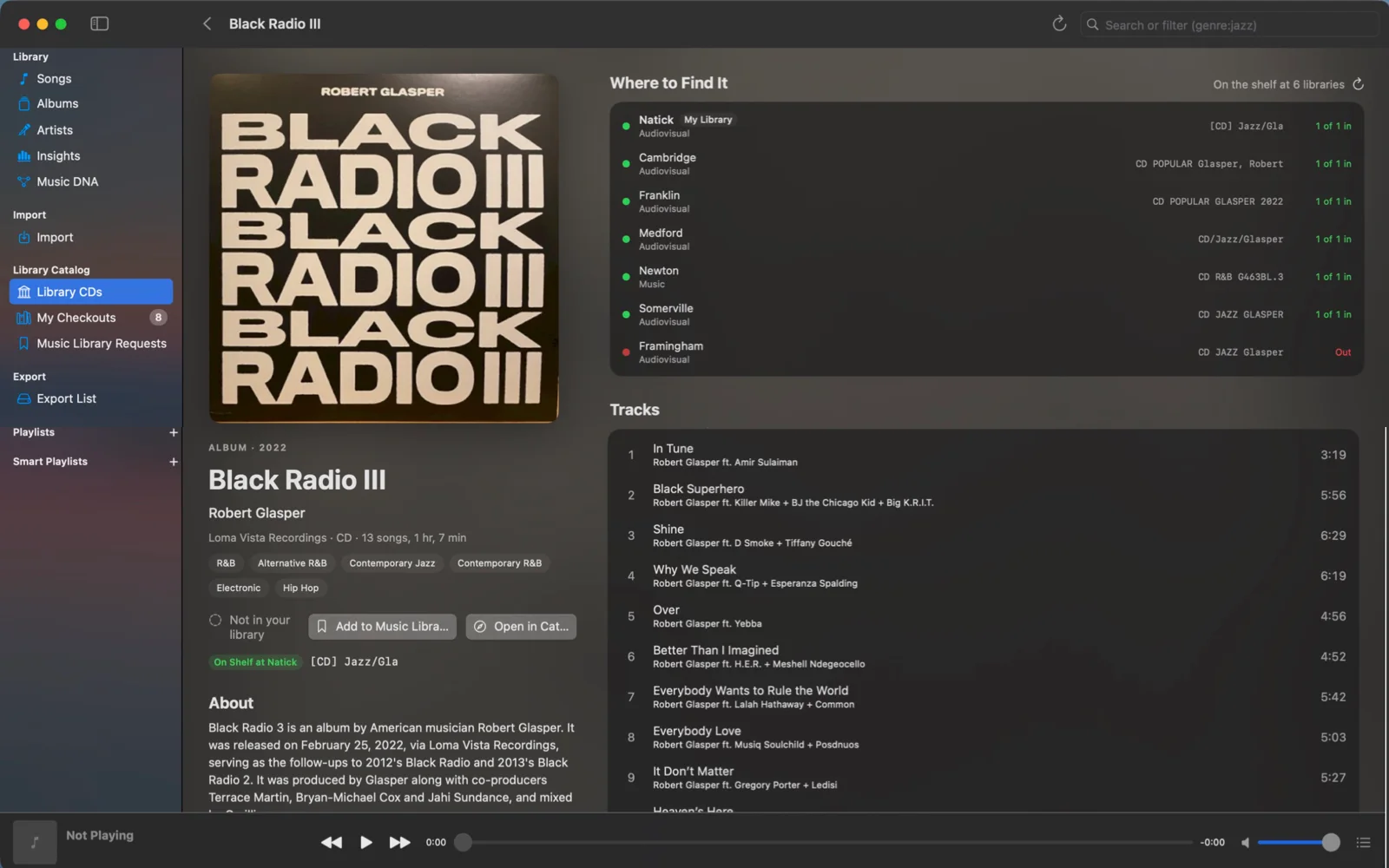 A library CD's page: cover and details from MusicBrainz, where to find it across the network, and its track list