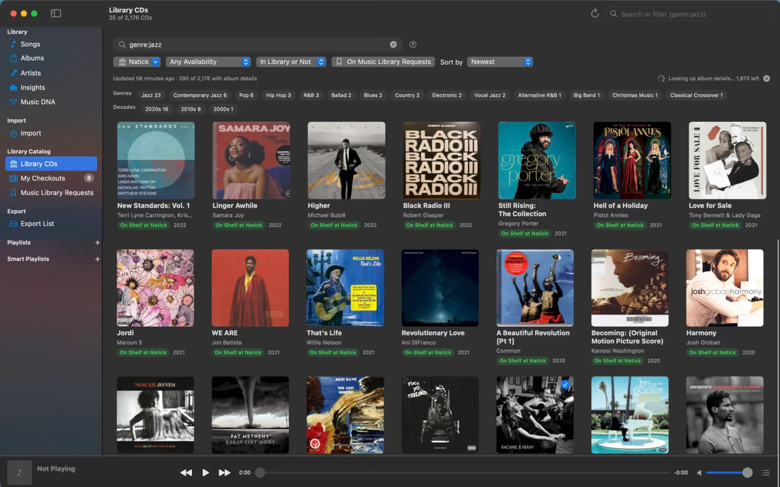 The downloaded catalog of a public library's CDs, searched for genre:jazz, with genre and decade chips and shelf status