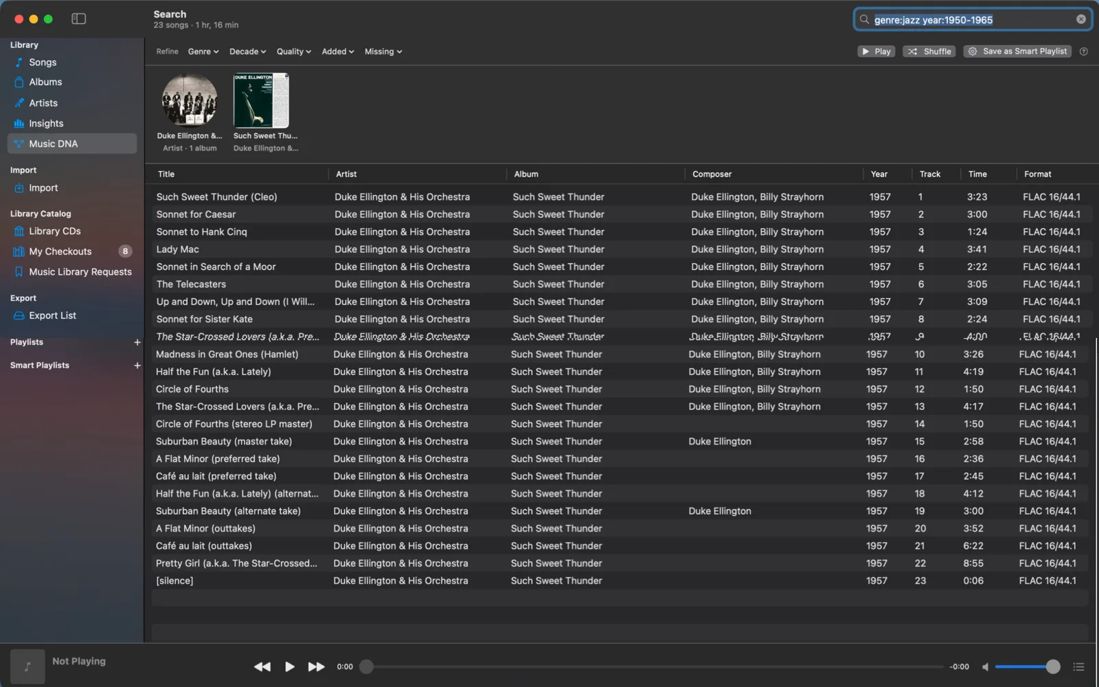 Search results for genre:jazz year:1950-1965, with top hits and refine menus