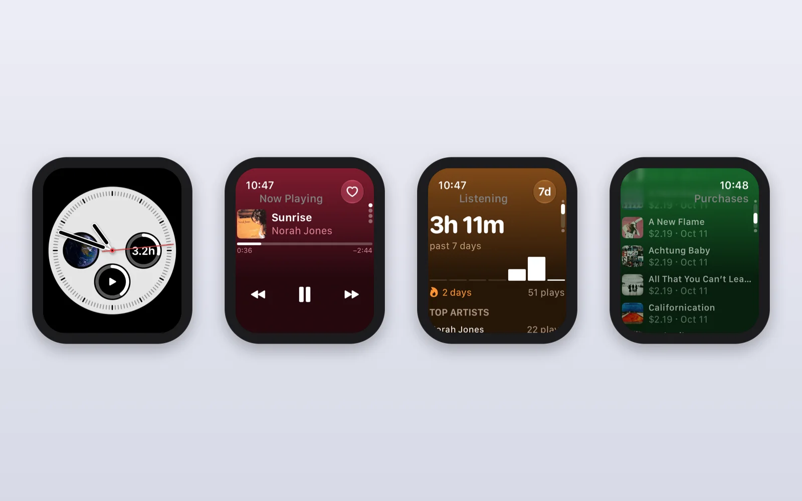 The Apple Watch app: a watch face with complications, Now Playing with controls, Listening for the past 7 days and recent purchases